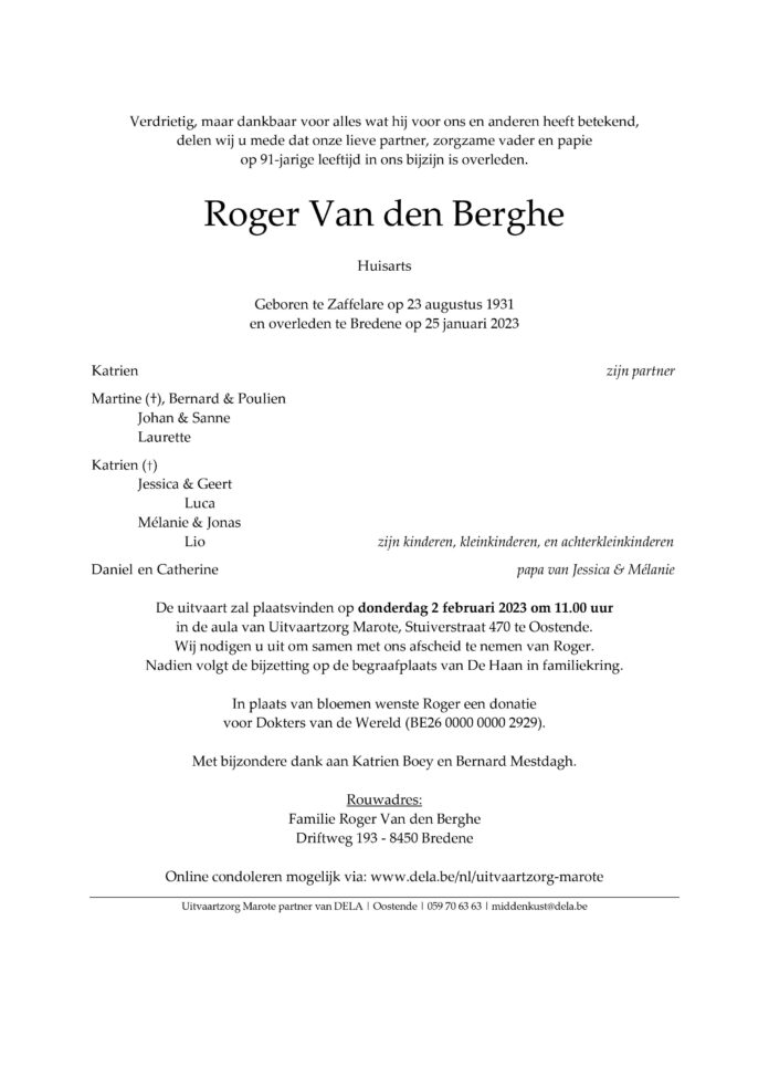 Rouwbericht Roger van den Berghe